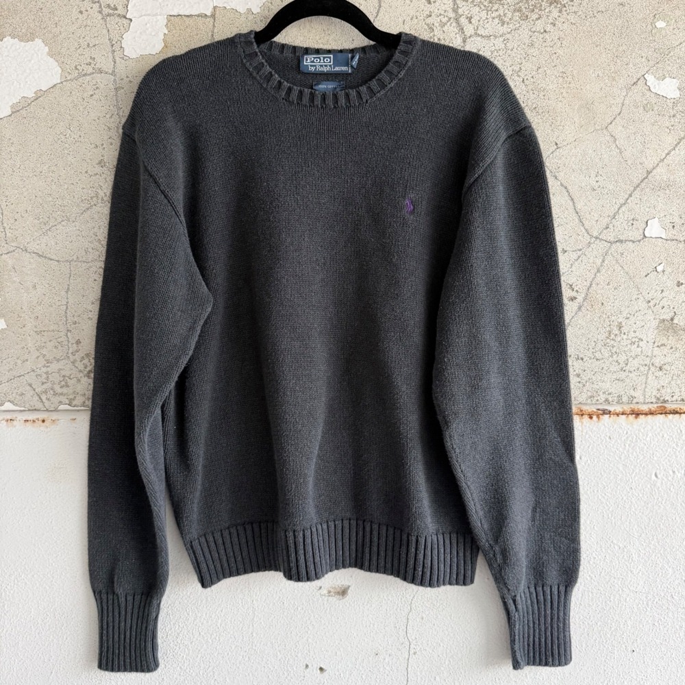 Vintage 90s Polo Ralph Lauren Sweater Mens M Knit Grey Pullover Purple Pony Logo